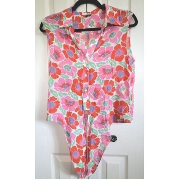Theory Sz Petite-Small Tie Front Sleeveless Button-Up Blouse Hibiscus Floral Top - Picture 2 of 6